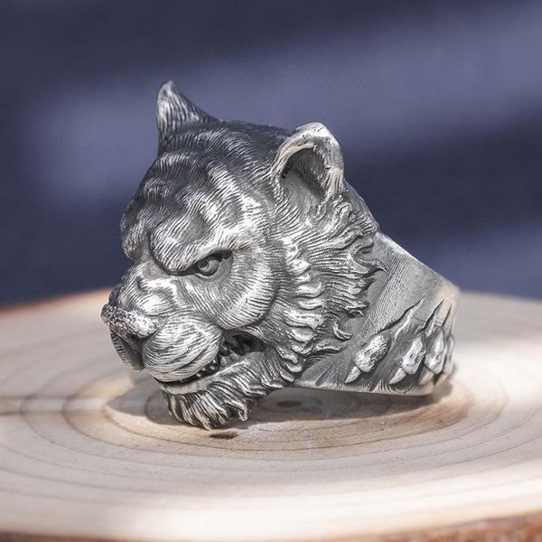 

cluster rings solid 999 sterling silver thai retro biker mens men handmade tiger king ring jewelry gift a4771, Golden;silver