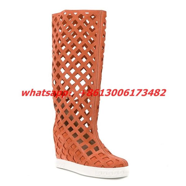 

boots woman orange color 8cm inner wedge heel middle hollow mesh style knee high net, Black