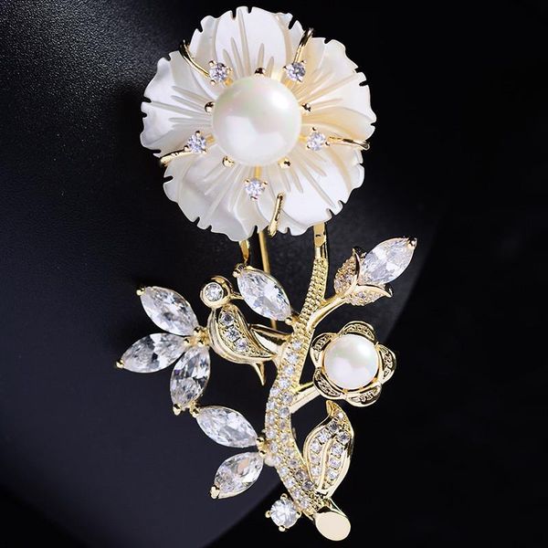 

pins, brooches okily elegant plants shell corsage accessories for women fashion zirconia peony flower pin and with pearl year gift, Gray