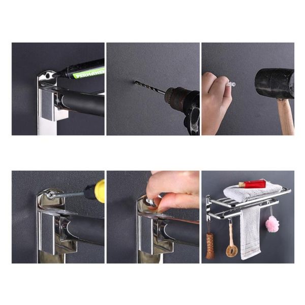 

towel racks 57ea stainless steel wall mounted foldable bath rack rail holder storage shelf with 4 sliding hooks punch-bathroom