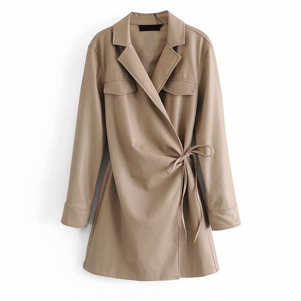 

casual dresses floy fashion solid khaki pu front pockets women elegant turn down collar dress tie belt a line mini ladies, Black;gray