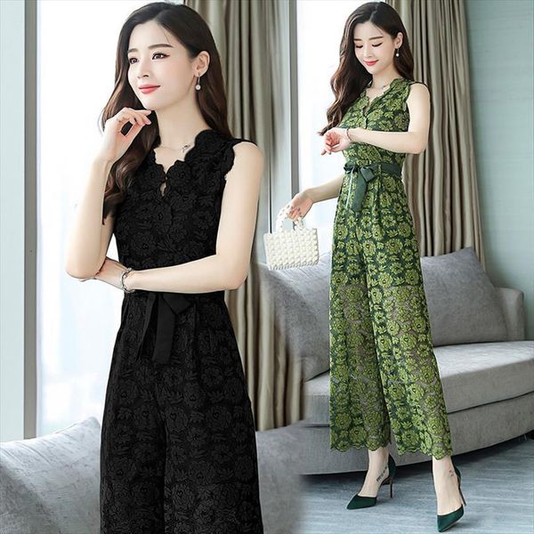 

summer lace sleeveless trousers elegant women jumpsuit casual fashion v neck wide leg pants ladies, Black;white