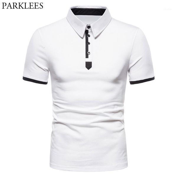 

men's polos fashion contrast color shirt men 2021 summer short sleeve cotton white homme slim fit turn down collar camisa, White;black