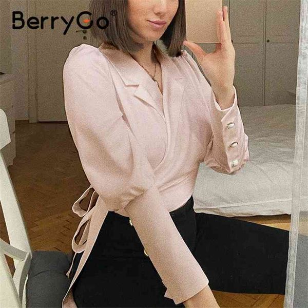 

berrygo elegant bow tie pink blouse lace fashion lady puff sleeve work wear short vintage notched women autumn 210513, White