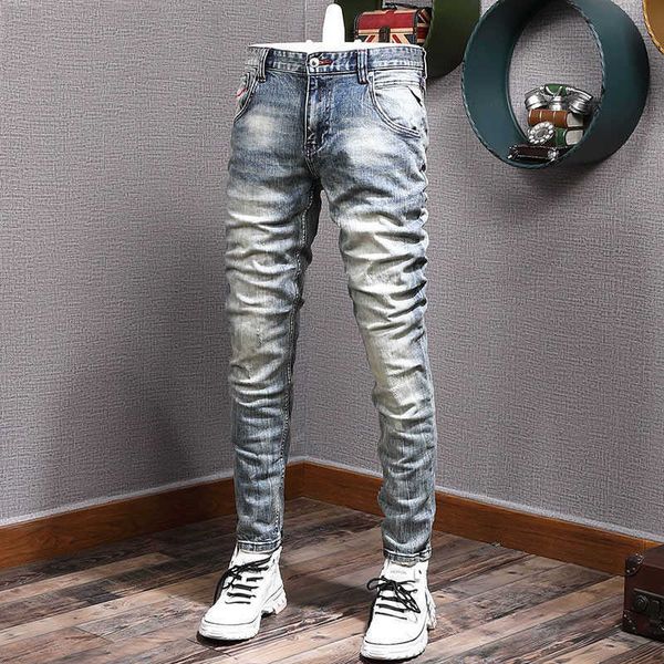 

italian style fashion men jeans retro blue elastic slim fit ripped frayed hole vintage designer casual denim pants 8zd1