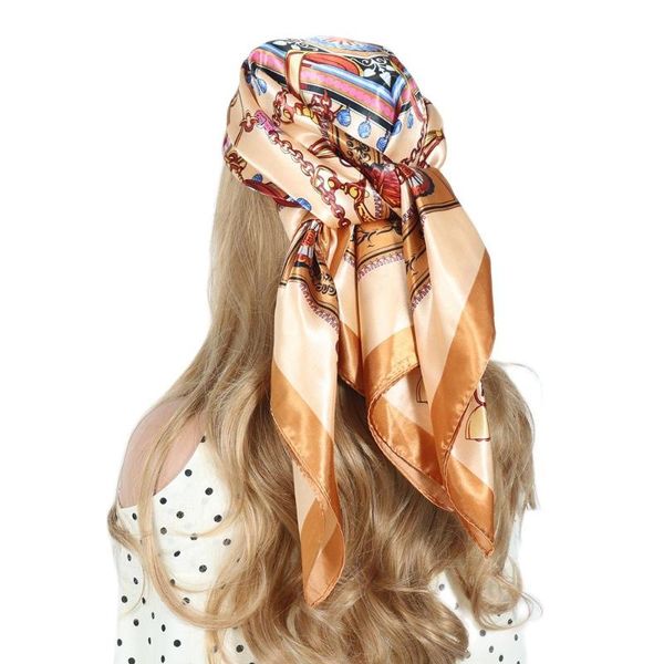 

scarves silk head scarf women hijab satin hair fashion print 90x90cm square shawls ladies black foulard cheveux, Blue;gray