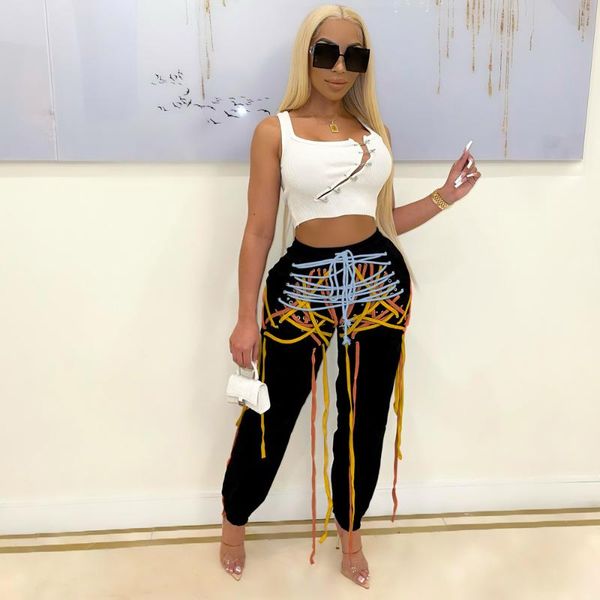 

women's pants & capris rmsfe 2021 early autumn fashion women casual elastic waist corns wear rope colorful sports, Black;white