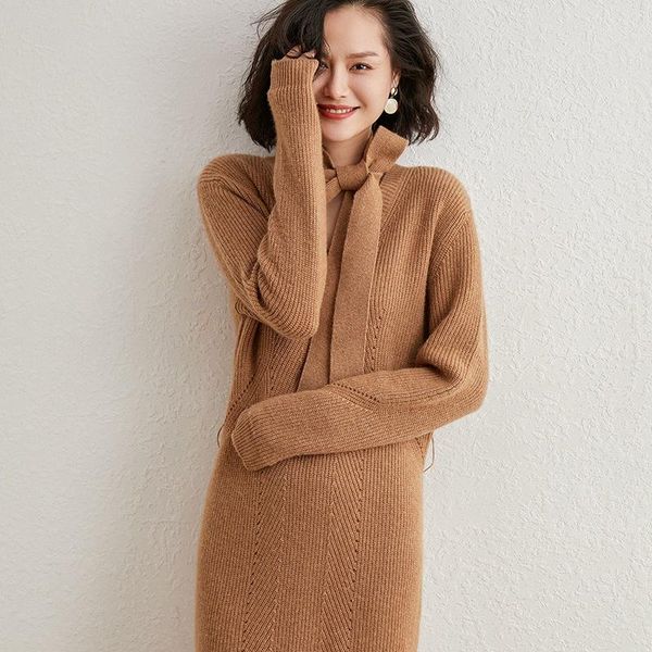 

casual dresses autumn / winter 2021 women's foreign style long loose thin wool knitted dress with cashmere, Black;gray