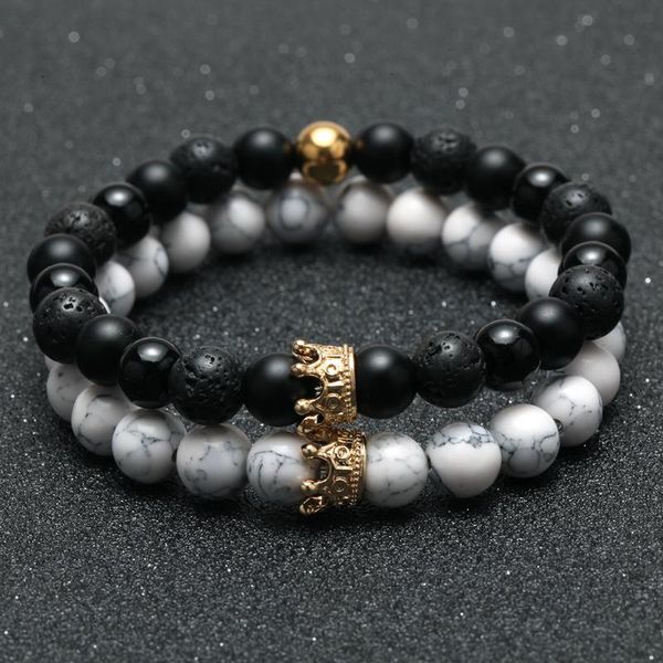 

2pcs charm paired bracelet for men gold crown women's bracelets natural stone beads wristband boho couple gifts friends, Golden;silver