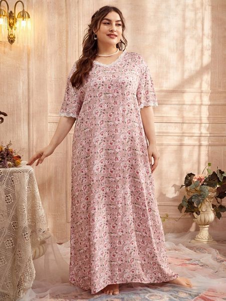 

plus allover floral lace trim night dress c4uz#, Black;white