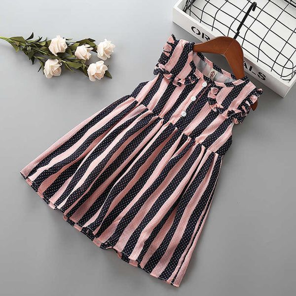 

2-7 years girl dress summer fashion bow striped ruched kid children clothing party princess 210615, Red;yellow