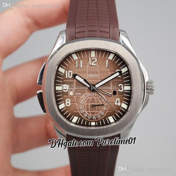 

2022 5164a gmt travel time automatic mens watch steel case brown textured dial stick number markers rubber strap 6 styles watches puretime01, Slivery;brown