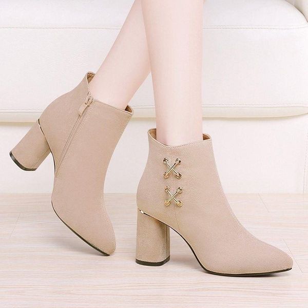 

boots elegant women's ankle autumn and winter fashion pointed toe square high heel shoes women, Black