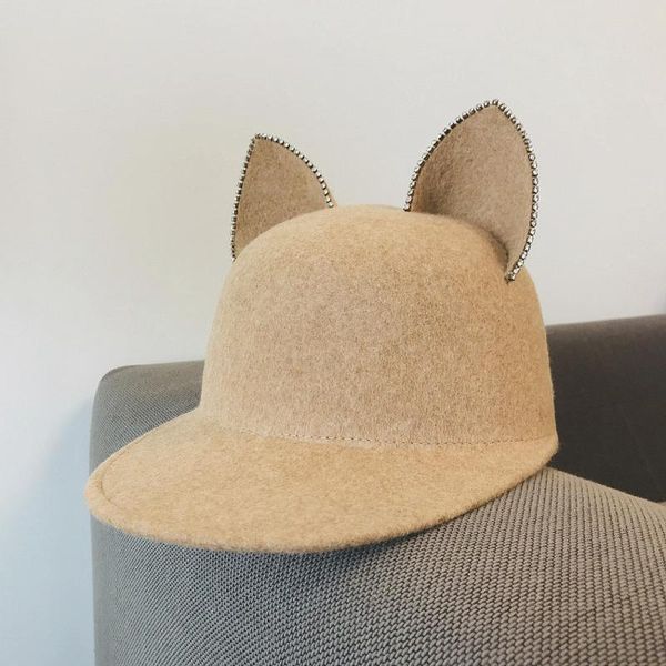 

stingy brim hats 2021 cute cat ears wool felt hat for women solid color plain fedoras formal equestrian cap, Blue;gray