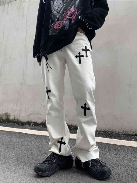 

crosin street cross micro flared men's fashion high street loose leisure vibe long pants, White;black