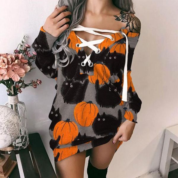 

casual dresses for women fashion pumpkin prints off-shoulder strappy long sleeves bandage dress mini vestidos de mujer, Black;gray