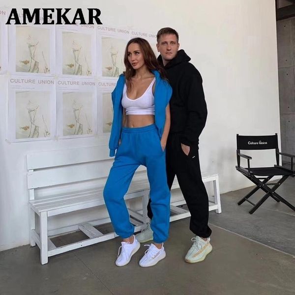 

australian designer, women's sports suit, winter 2021 warm, hooded fleece suit two piece pants, White