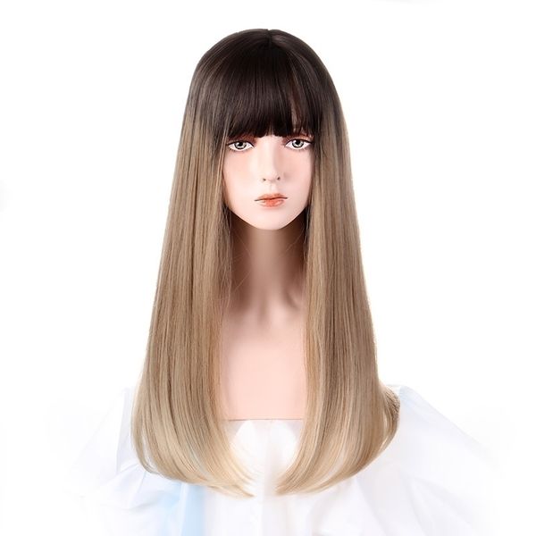 

three tea wig milk color gradient qi bangs long hair cosplay wig, Black
