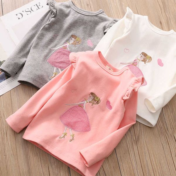 Frühling Herbst 2-10 Jahre alt Baby Kinder Kleidung Lange Puffärmel Einfarbig Cartoon Basic T-Shirts für Kinder Mädchen 210529