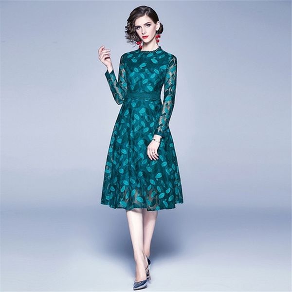 

spring fall long sleeve lace leaf dresses women green floral elegant vintage mid dress 210602, Black;gray
