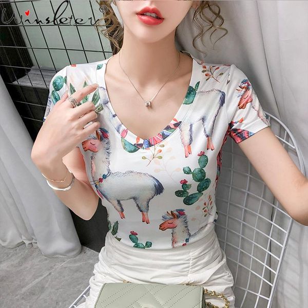 

summer korean style slim t-shirt fashion print cartoon animal women casual bottoming shirt all match tees 2021 t13929a women's, White