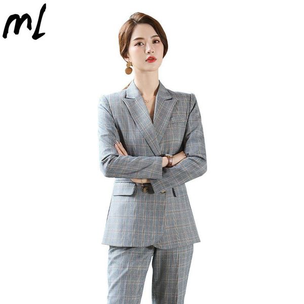 

women's suits & blazers autumn winter vintage business professional suit temperament double-breasted plaid slim pants ol 2 two pieces, White;black