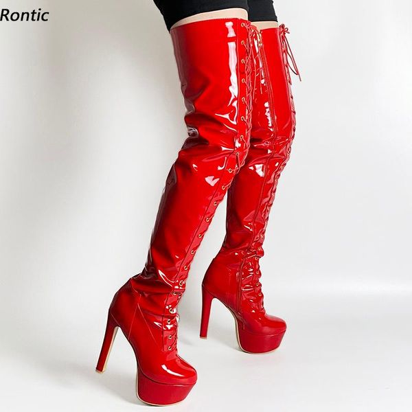 

boots rontic fashion women winter thigh shiny platform thin heel round toe pretty black white red cosplay shoes us size 5-16