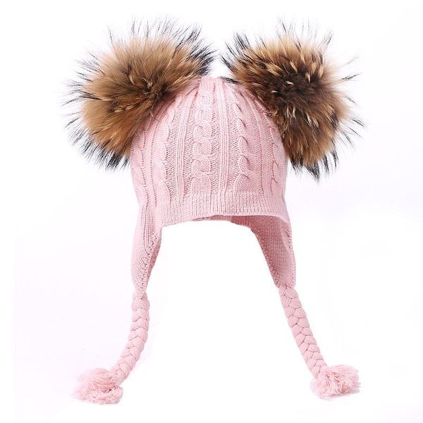 

beanies autumn and winter fashion warm ear protection hat baby dome knit twist braid raccoon fur ball double wool