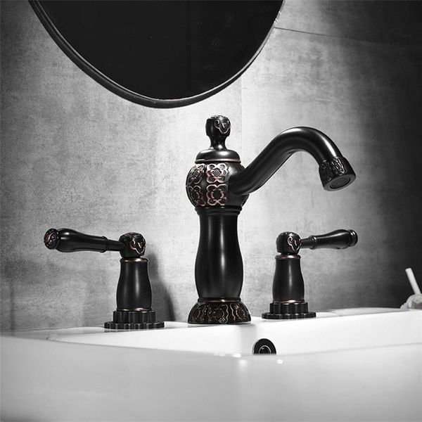 

bathroom sink faucets basin faucet mixer black oil brass carved deck mounted square 3 hole double handle and cold water taps