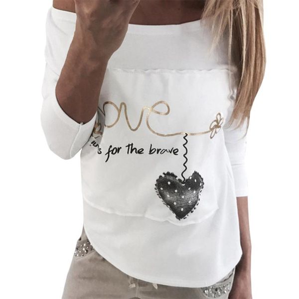 

women's t-shirt fashion female long-sleeved letters love geometric print heart stitching off shoulder casual shirt, White