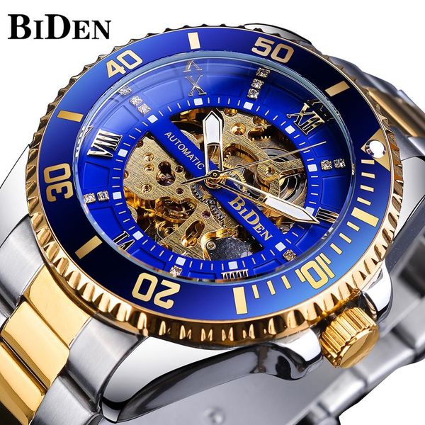 

pray blue skeleton diamond dial automatic clock gold sier stainless steel tape waterproof lighting hand mechanical, Slivery;brown