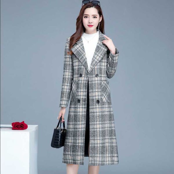 

women's wool & blends 2021 fall winter clothing slim elegant plaid jacket plus size warm thicken long coat double breasted female woole, Black