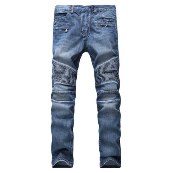 

men's jeans three-dimensional tailoring pleated locomotive slim-fit denim trousers, Blue