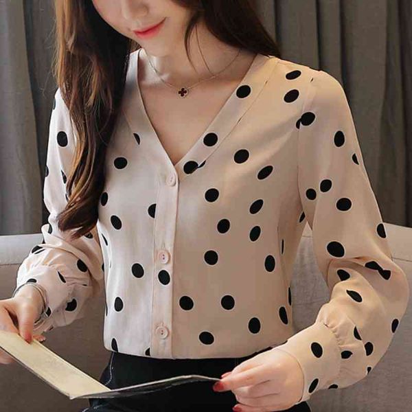 

blouses woman long sleeve women shirts blouse women v-neck black dot chiffon blouse women womens and blouses c136 210602, White