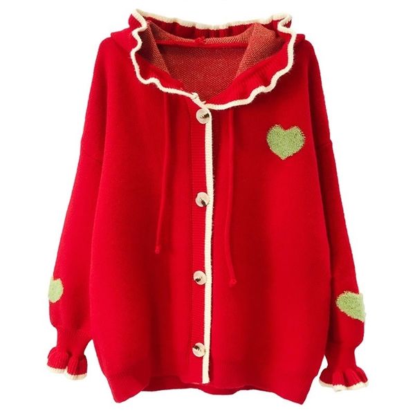 

women autumn winter cardigan loose hooded sweater poncho oversized ruffles knit jacket winiter overcoat 210430, White