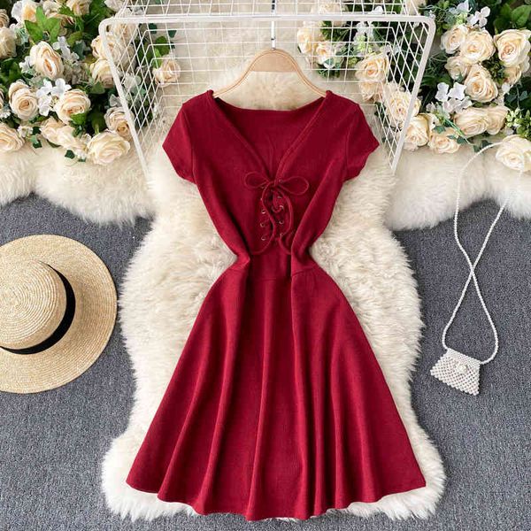 

two piece dress foamlina casual women short sleeve lace-up bandage v-neck knit summer mini solid simple slim a-line party a8y9, White