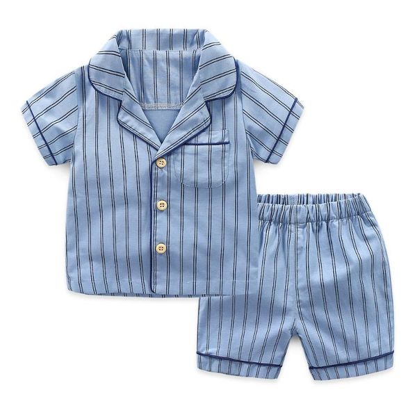 

clothing sets boy's short sleeve turn-down collar vertical stripes casual fashion home wearing cotton shirts+shorts 2pcs, White