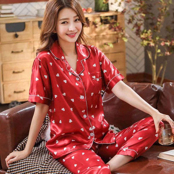 

women's sleepwear thoshine brand china satin silk pajamas sets of & pants women print nightwear casual home clothes buttons c, Black;red