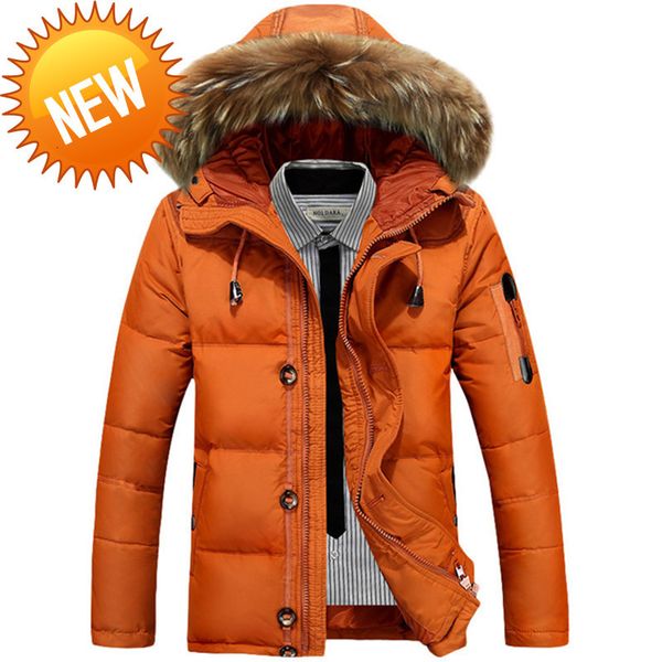 

men's solid color new 2021 casual winter down jacket male hooded fur collar wool warm parkas coat, Black