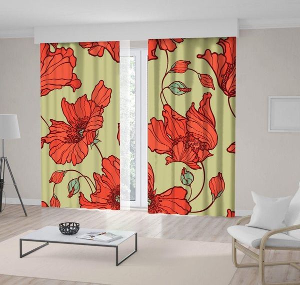 

curtain & drapes poppy flowers buds nature summer flower garden classic floral pattern artwork coral green