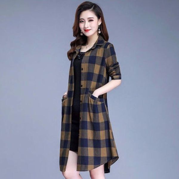 

women's trench coats coat for women plaid shirt jacket casual 2021 retro spring mid-length fashion loose korean single row multiple buc, Tan;black