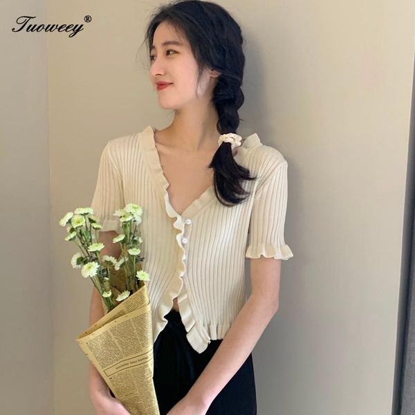 

fashion short sleeve solid backing shirt for fall summer 2021 korean ruffled knitted women clothes women's knits & tees, White