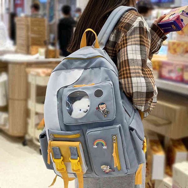 

backpack style waterproof girl harajuku kawaii nylon women cute school bag lady college student pin badge female book new 1119