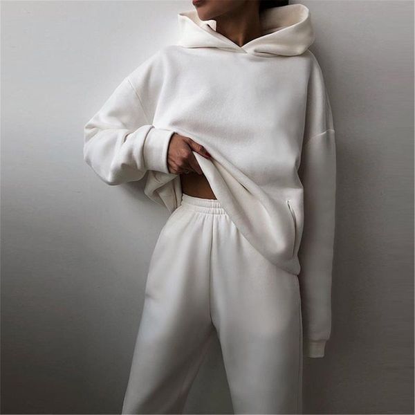 

women's two piece pants women tracksuit basic hoodie drawstring pant suits outerwear elastic pencil sets autumn winter casual set, White