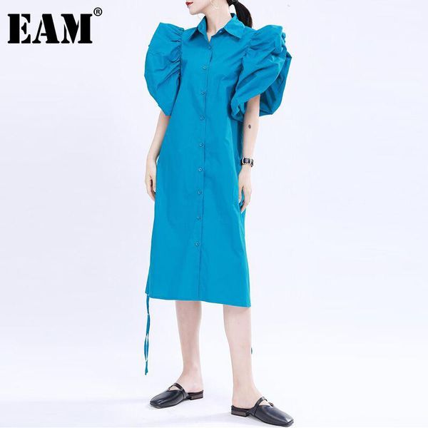 

casual dresses [eam] women blue ruffles drawstring long shirt dress lapel short sleeve loose fit fashion tide spring summer 2021 1dd8928, Black;gray