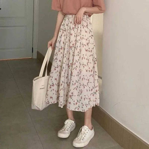 

vintage floral print chic soft chiffon long skirt summer ladies clothing korean femme women high waist saia for girls streetwear 210619, Black