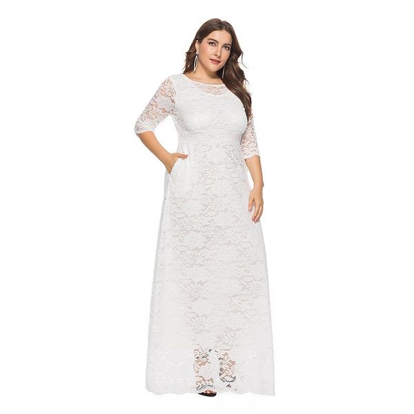 

elegant women crochet lace long maxi dress o-neck 3/4 sleeve side pocket party dresses evening white plus size 6xl casual, Black;gray
