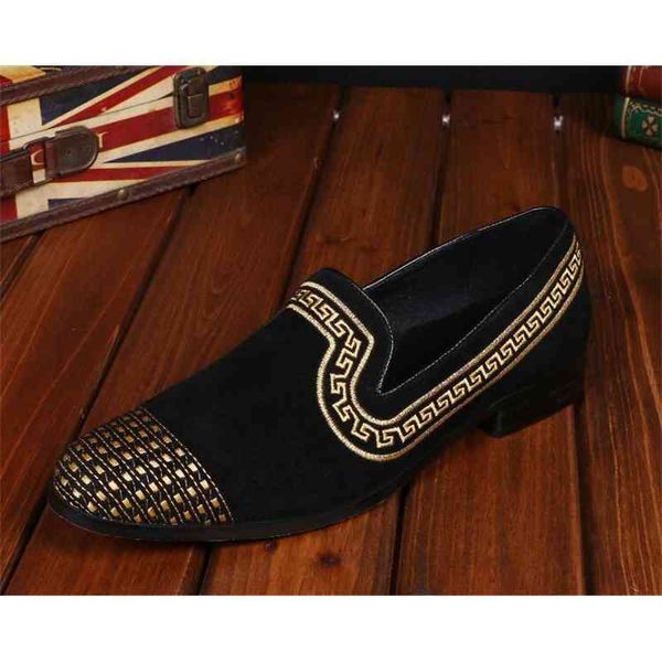 

men fashion loafers gold embroidery slipper black suede wedding dress shoes slip on handmade leather flats h219
