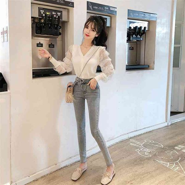 

spring autumn women's blouse korean mesh stitching long-sleeved short color matching wild knitted s gx176 210507, White