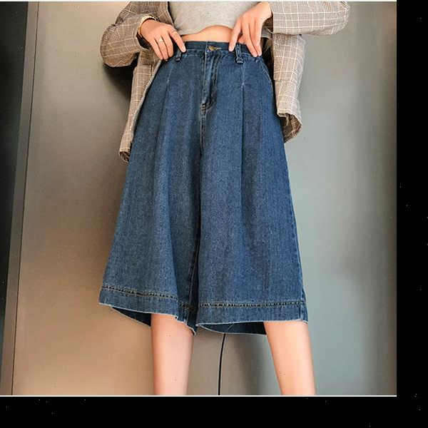 

streetwear casual wide leg womens jeans pants summer high waist loose knee length trousers vintage denim fw920, Blue